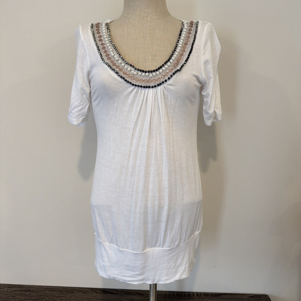 Y2K Studio Y Bead Embellished Shirt White Grey Women's‎ Size Medium Vintage